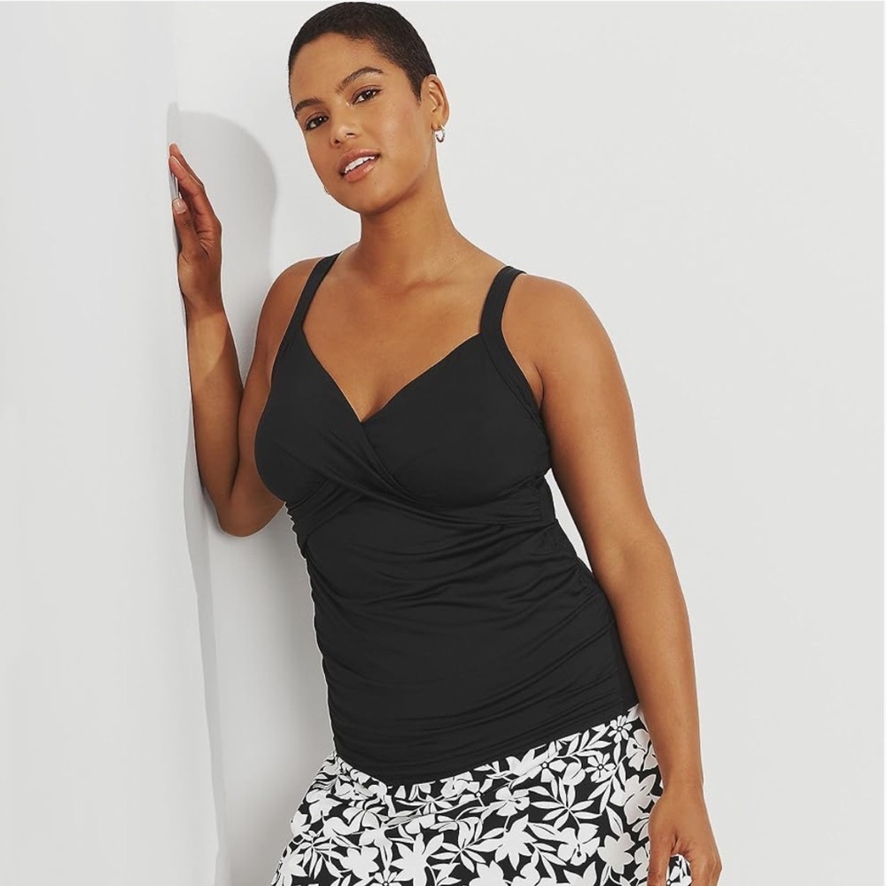 Lands’ End Tummy Control Wrap Underwire Tankini Swim Top-Black-Women 26W